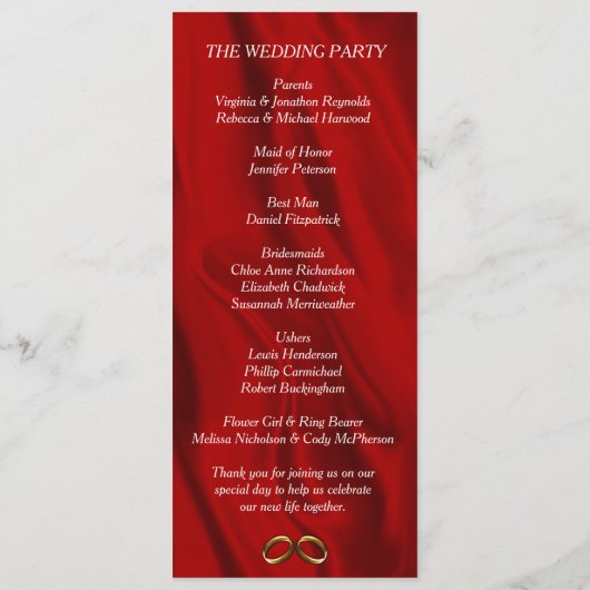 Elegante rode zijde trouwringen programma programmakaart (Achterkant)