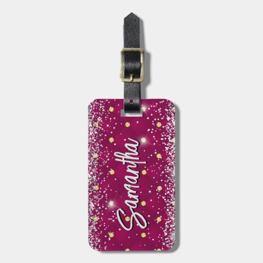 Elegante rode zilver glinsterende glitter monogram bagagelabel (Voorkant verticaal)