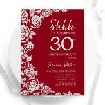 Elegante rode zilveren Rozen verrassen 30e verjaar Kaart<br><div class="desc">Rode zilveren bloemenverrassing 30e verjaardagsfeestje uitnodiging. Elegant ontwerp met rozen,  faux silver-folie en lettertype voor typografie. Trendy uitnodigingskaart ideaal voor een stijlvol vrouw bday-feest. Kan worden aangepast aan elke leeftijd. Gedrukte Zazzle-uitnodigingen of direct downloadbare digitale afdrukbare sjabloon.</div>