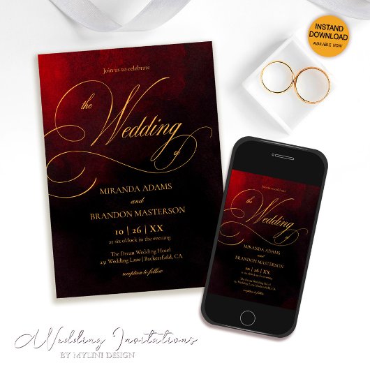 Elegante rode zwart en goud kalligrafie bruiloft kaart