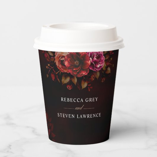 Elegante rode zwarte bloemen bruiloft moody papieren bekers (Achterkant)