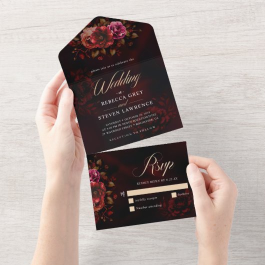 Elegante rode zwarte bloemen bruiloft romantische all in one uitnodiging (Afscheurbaar)