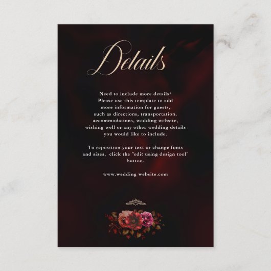 Elegante rode zwarte bloemen Bruiloftsdetails Informatiekaartje (Voorkant)