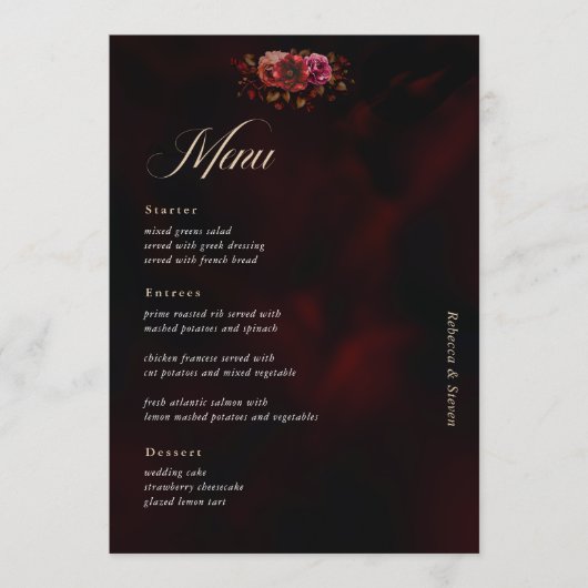 Elegante rode zwarte bloemen Wedding moody Menu (Voorkant)