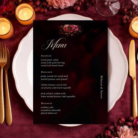 Elegante rode zwarte bloemen Wedding moody Menu