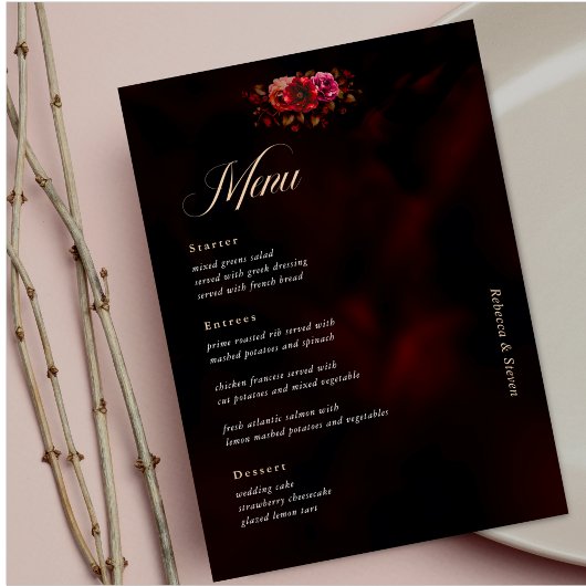 Elegante rode zwarte bloemen Wedding moody Menu