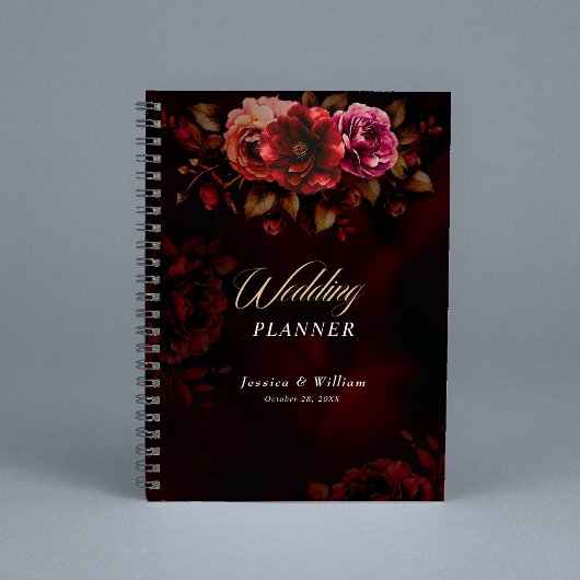 Elegante rode zwarte bloemenbruiloft planner