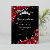 Elegante rode zwarte bloemige vlinder Quinceanera Folie Uitnodiging (Staand Voorkant)