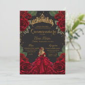 Elegante Rode Zwarte Quinceañera Rozen Gouden Glit Kaart (Staand voorkant)