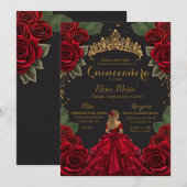 Elegante Rode Zwarte Quinceañera Rozen Gouden Glit Kaart (Voorkant / Achterkant)