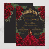 Elegante Rode Zwarte Quinceañera Rozen Gouden Glit Kaart (Voorkant / Achterkant)