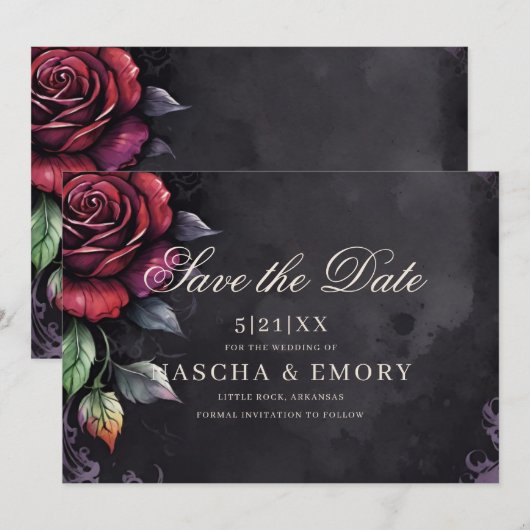Elegante Rode & Zwarte Rozen Gotische Bruiloft Save The Date (Voorkant / Achterkant)