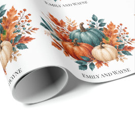 Elegante Roest- en Teal Pompoen Trouw Namen Cadeaupapier