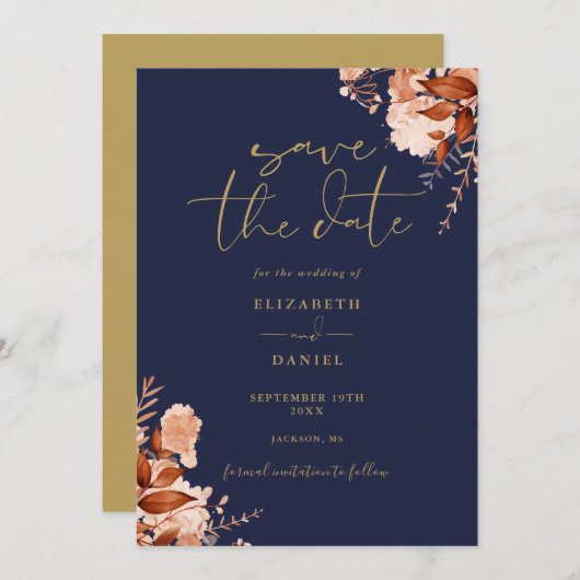 Elegante roestige bloemmotief in marineblauw en go save the date (Voorkant / Achterkant)