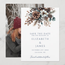Elegante roestige dennenappels bloemfotoshoot brui save the date