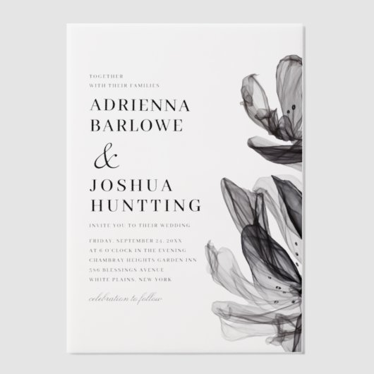 Elegante Rokerige Bloemen Zijtekst Zwarte Trouw Vellum Uitnodigingen (Voorkant)