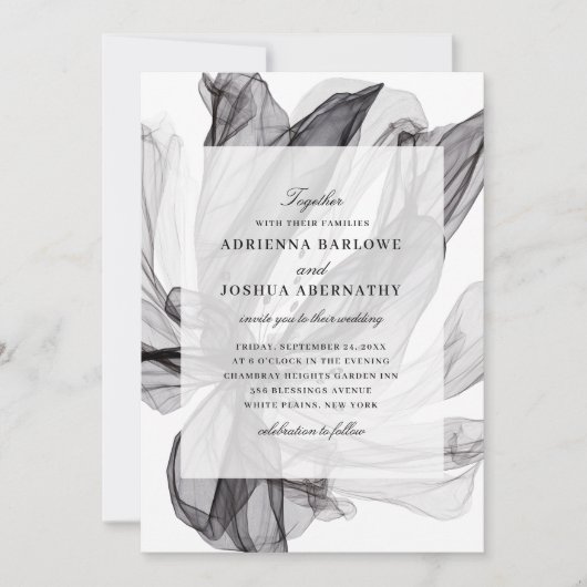 Elegante Rokerige Bloemige Zwarte en Witte Bruilof Kaart (Voorkant)