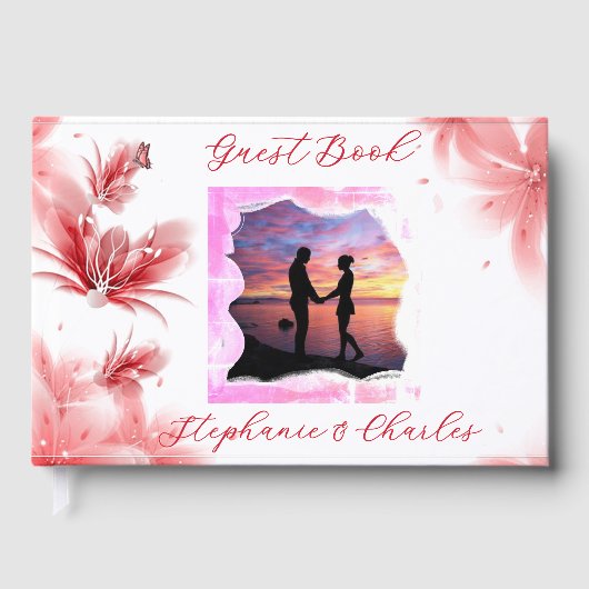 Elegante Romaanse Vlinder Roze Bloem Bloemen Foto Gastenboek (Voorkant)