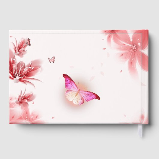 Elegante Romaanse Vlinder Roze Bloem Bloemen Foto Gastenboek (Achterkant)