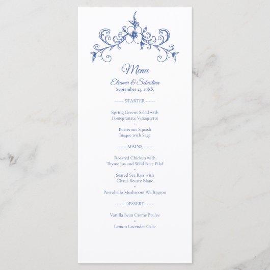 Elegante  Romance Blauw eten en Drinken Menu (Voorkant)