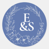Elegante  Romance Blauw Monogram bruiloft Ronde Sticker (Voorkant)