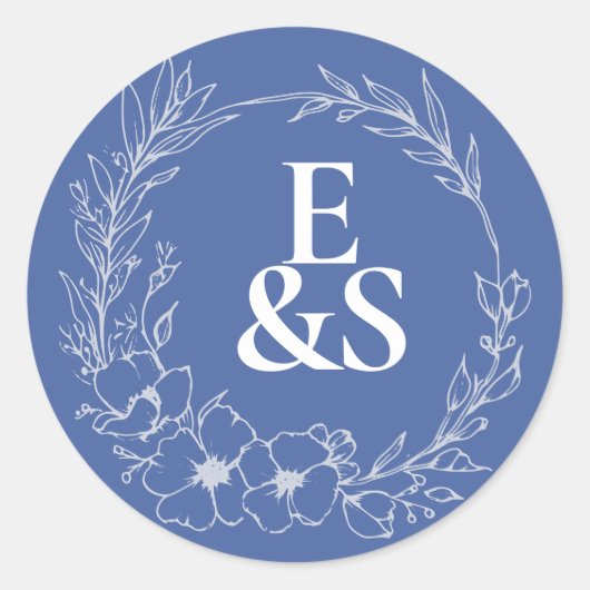 Elegante  Romance Blauw Monogram bruiloft Ronde Sticker (Voorkant)
