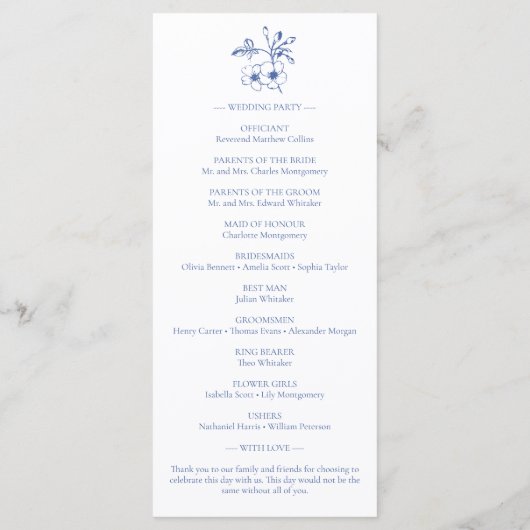 Elegante  Romance Blauwe bruiloft programma Kaart (Achterkant)