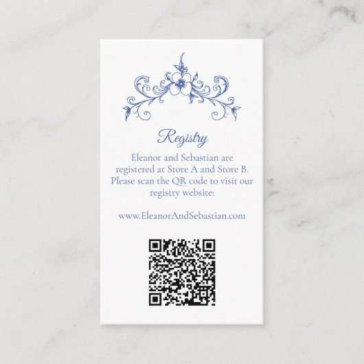 Elegante  Romance Blue QR Code Registry Informatiekaartje (Voorkant)