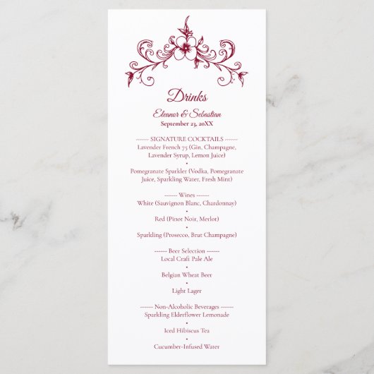 Elegante  Romance Bourgogne Food Drinken Menu (Achterkant)