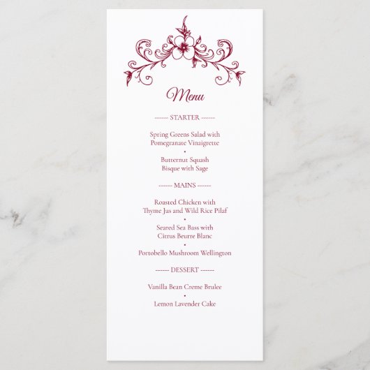 Elegante Romance Bourgogne Wedding Menu (Voorkant)