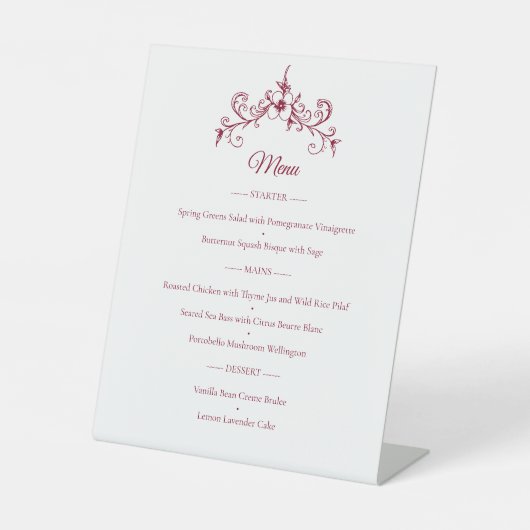 Elegante Romance Bourgogne Wedding Menu Reclamebord Met Voetstuk (Voorkant)