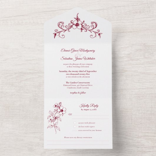 Elegante  Romance Bourgondië Floral Wedding All In One Uitnodiging (Binnen)