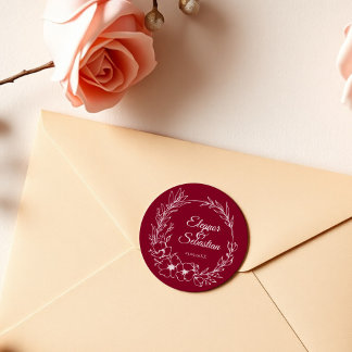 Elegante  Romance Bourgondië Floral Wedding Ronde Sticker