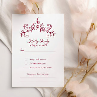 Elegante  Romance Bourgondië Floral Wedding RSVP Kaartje