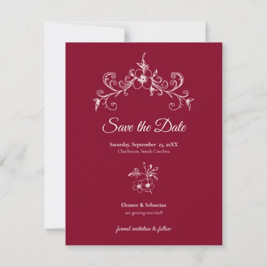 Elegante Romance Bourgondië Floral Wedding Save The Date (Voorkant)