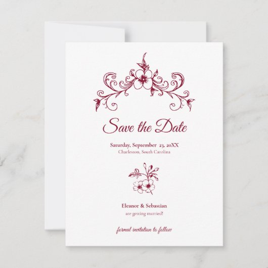 Elegante  Romance Bourgondië Floral Wedding Save The Date (Voorkant)
