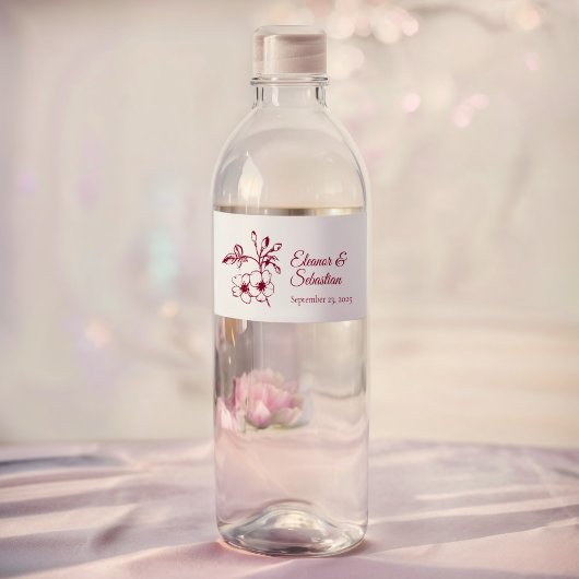 Elegante  Romance Bourgondië Floral Wedding Waterfles Etiket