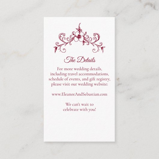 Elegante  Romance Bourgondië QR Code Huwelijk Informatiekaartje (Voorkant)