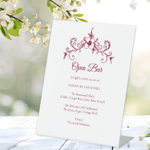 Elegante Romance Bourgondische bruiloft open bar Reclamebord Met Voetstuk