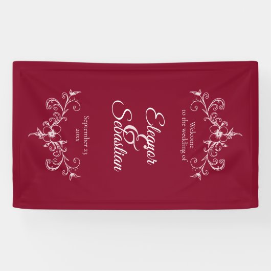 Elegante  Romance Bourgondische bruiloft Welkom Spandoek (Horizontaal)