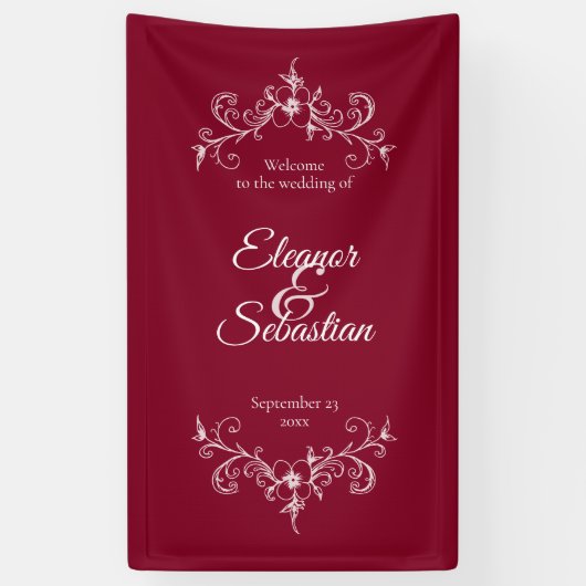 Elegante  Romance Bourgondische bruiloft Welkom Spandoek (Verticaal)