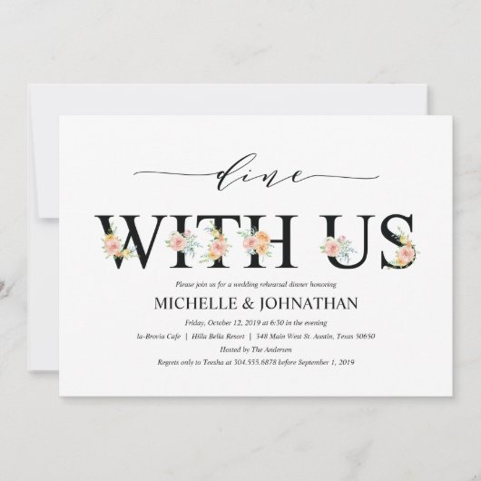 Elegante Romance bruiloft repetitie Dinner Invites Kaart (Voorkant)