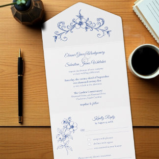 Elegante  Romance Dusty Blue Floral Wedding All In One Uitnodiging