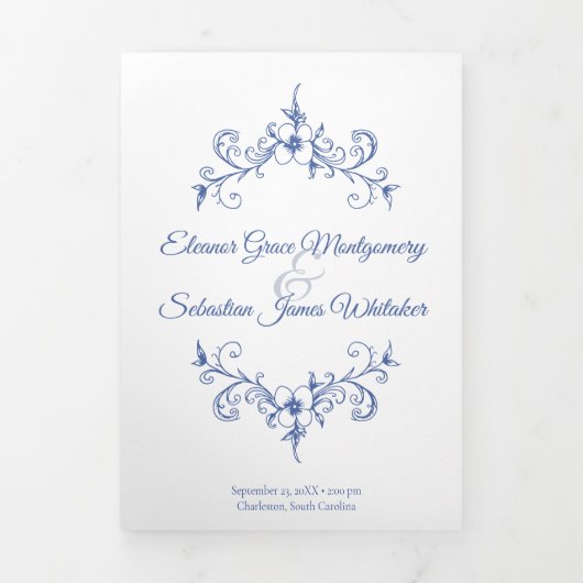Elegante  Romance Dusty Blue Floral Wedding Drieluik Programma (Cover)