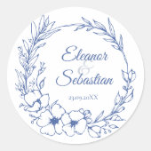 Elegante  Romance Dusty Blue Floral Wedding Ronde Sticker (Voorkant)