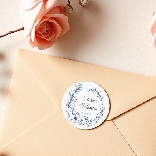 Elegante  Romance Dusty Blue Floral Wedding Ronde Sticker