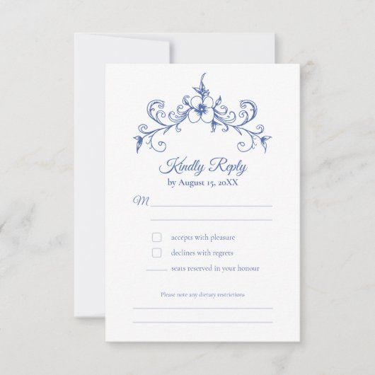 Elegante  Romance Dusty Blue Floral Wedding RSVP Kaartje (Voorkant)