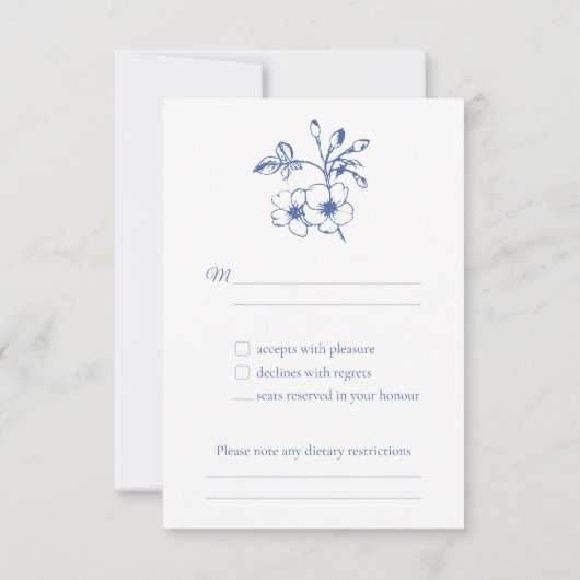 Elegante  Romance Dusty Blue Floral Wedding RSVP Kaartje (Achterkant)