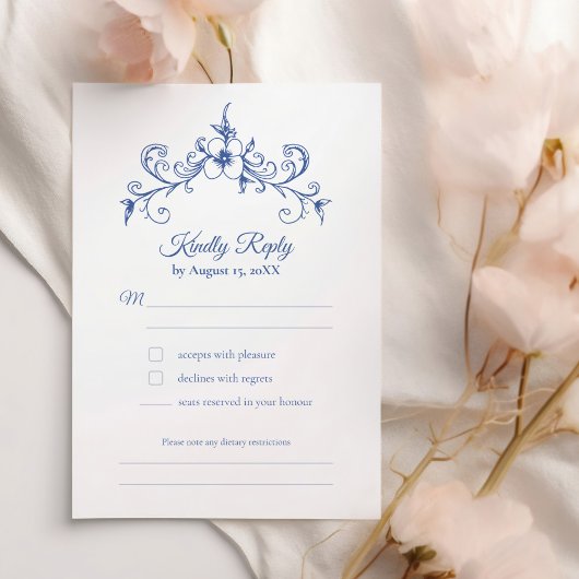 Elegante  Romance Dusty Blue Floral Wedding RSVP Kaartje