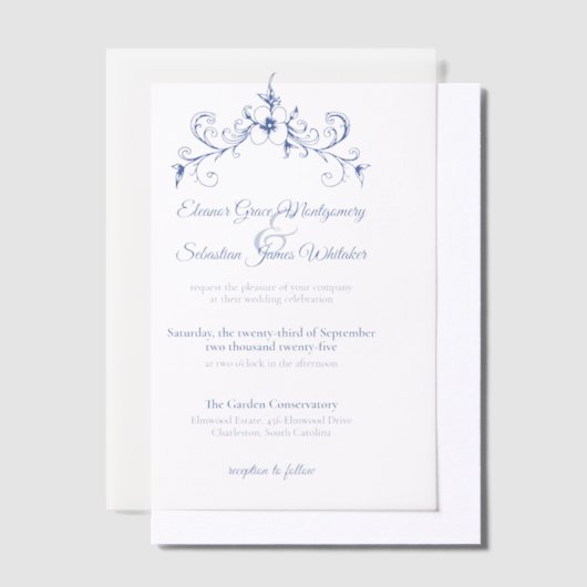 Elegante  Romance Dusty Blue Floral Wedding Vellum Uitnodigingen (Offset)